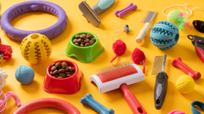 Diversi accessori per animali su sfondo giallo